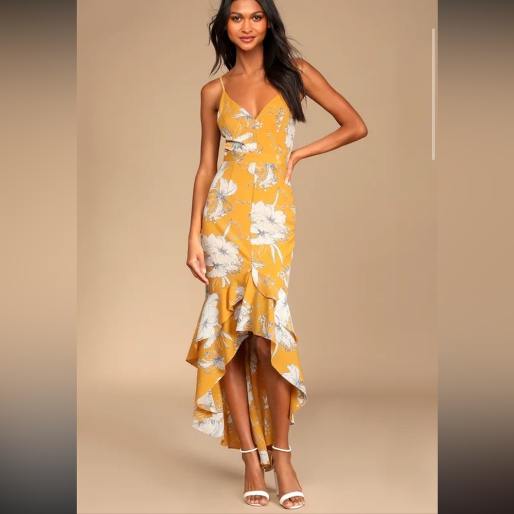 NWT Lulus mustard yellow ruffle tiered maxi dress